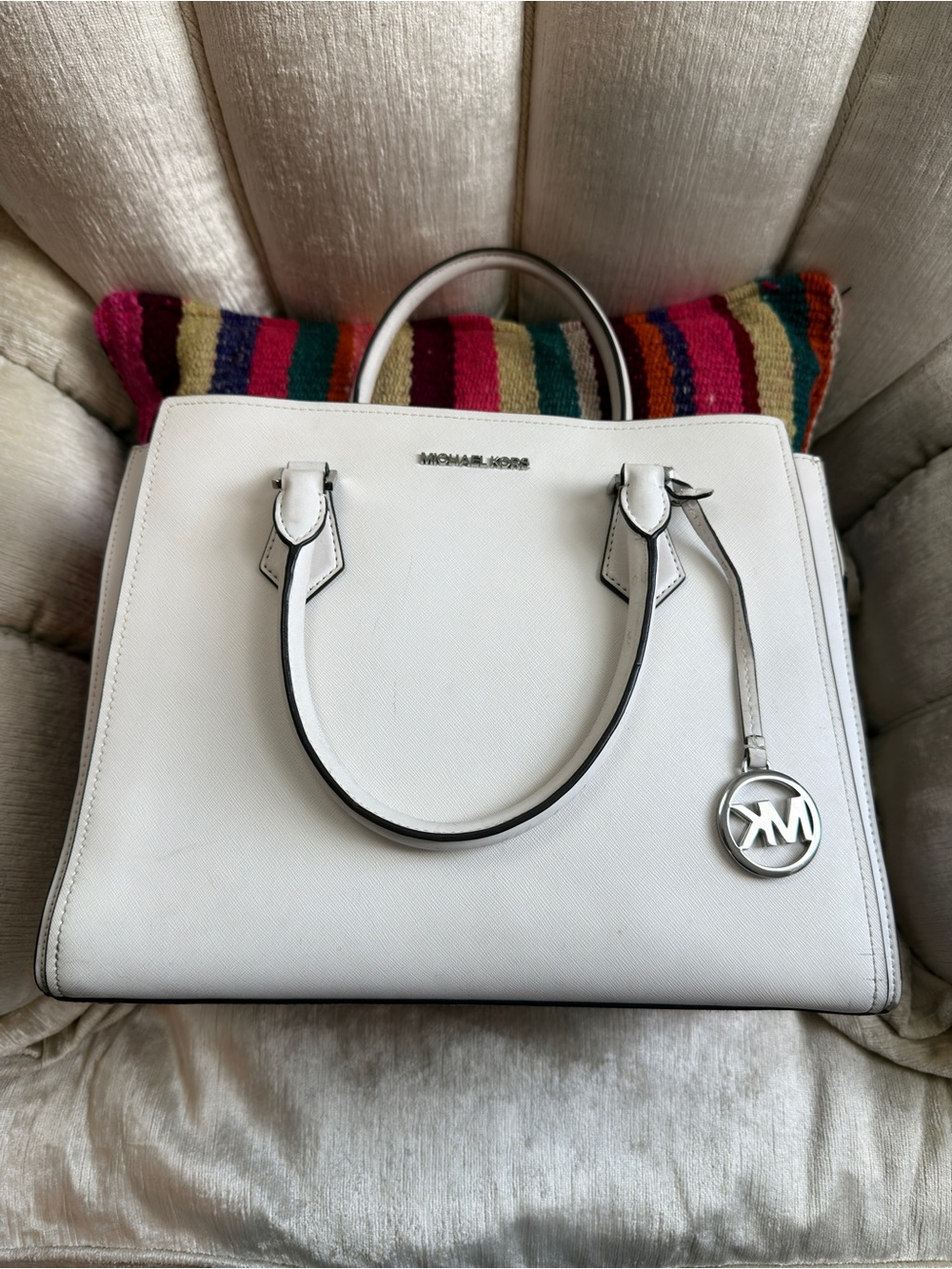 Michael Kors White Leather Satchel with MK Charm